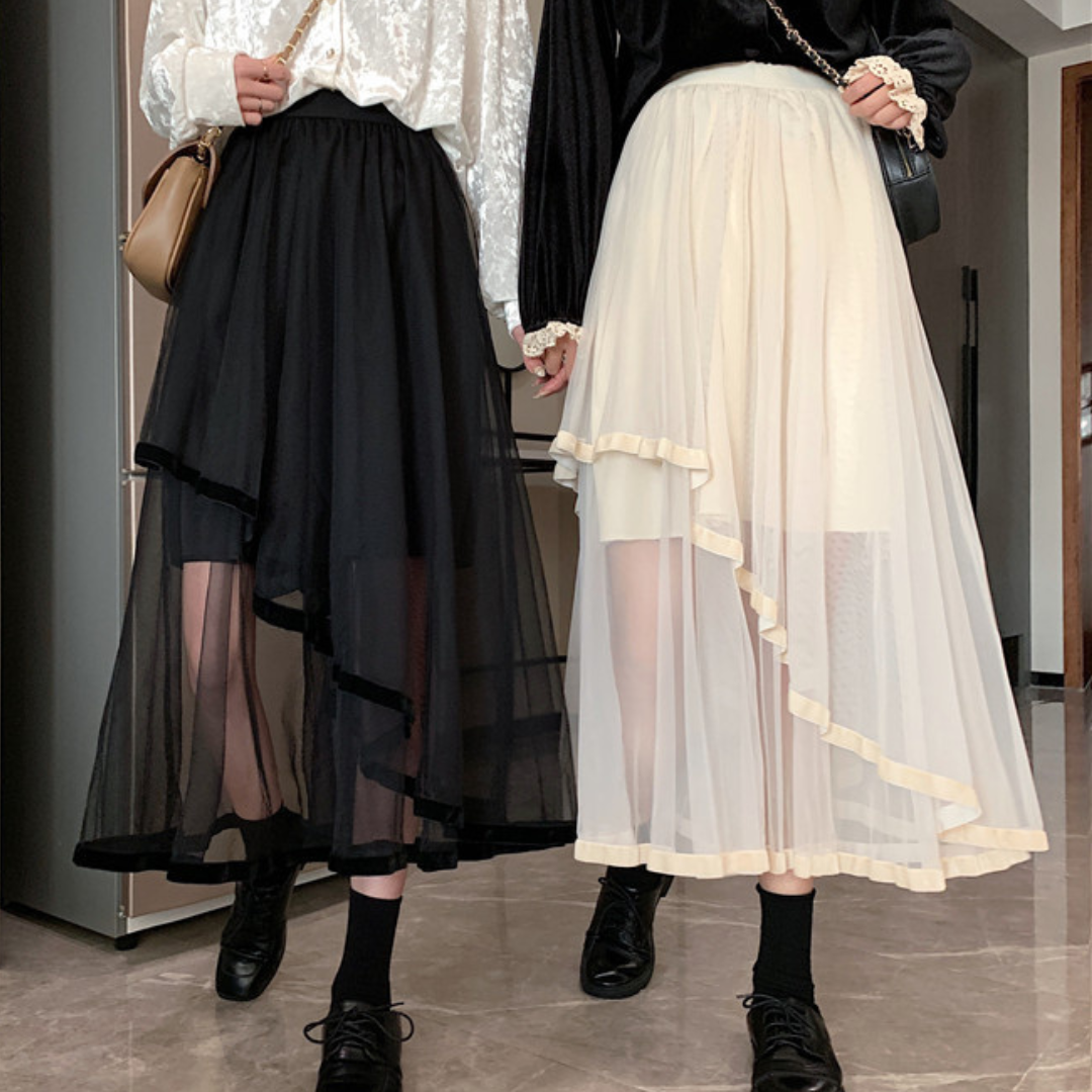 ☆Ameri☆美品☆ ASYMMETRY SEE THROUGH SKIRT柄デザイン無地 - ひざ丈