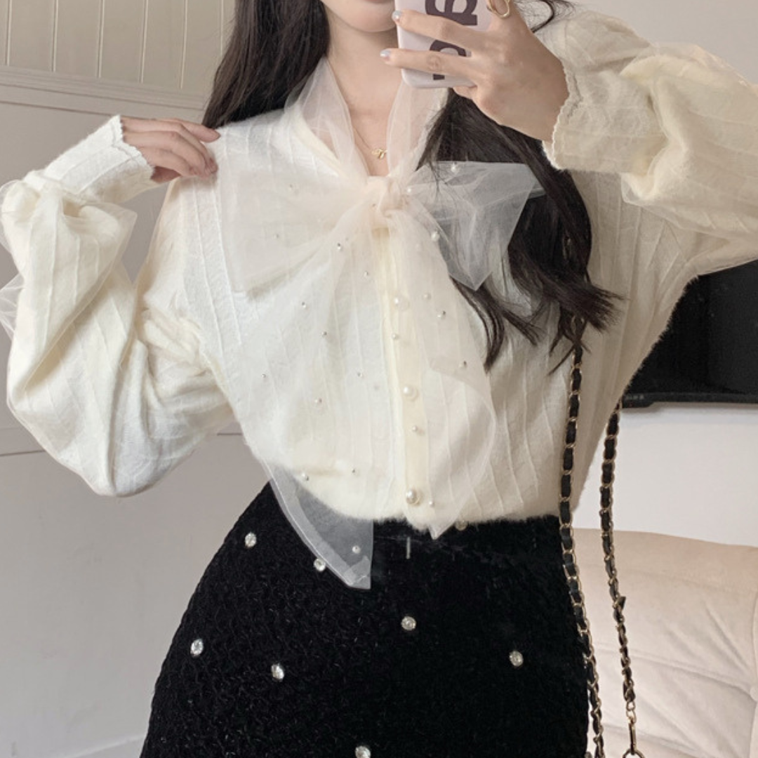 pearl ribbon tie tulle blouse lf2336-1【即納】 – La Florence