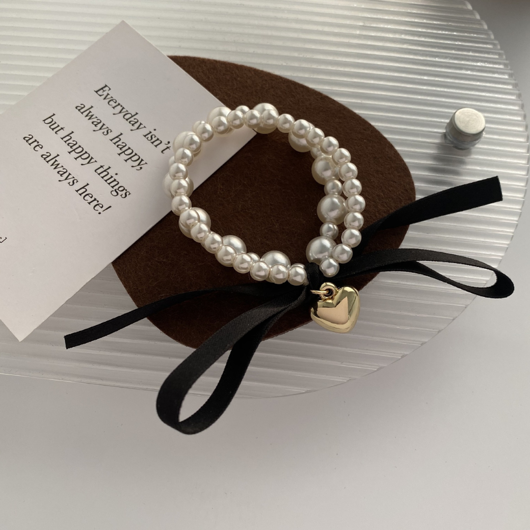heart charm ribbon pearl bracelet lf1993
