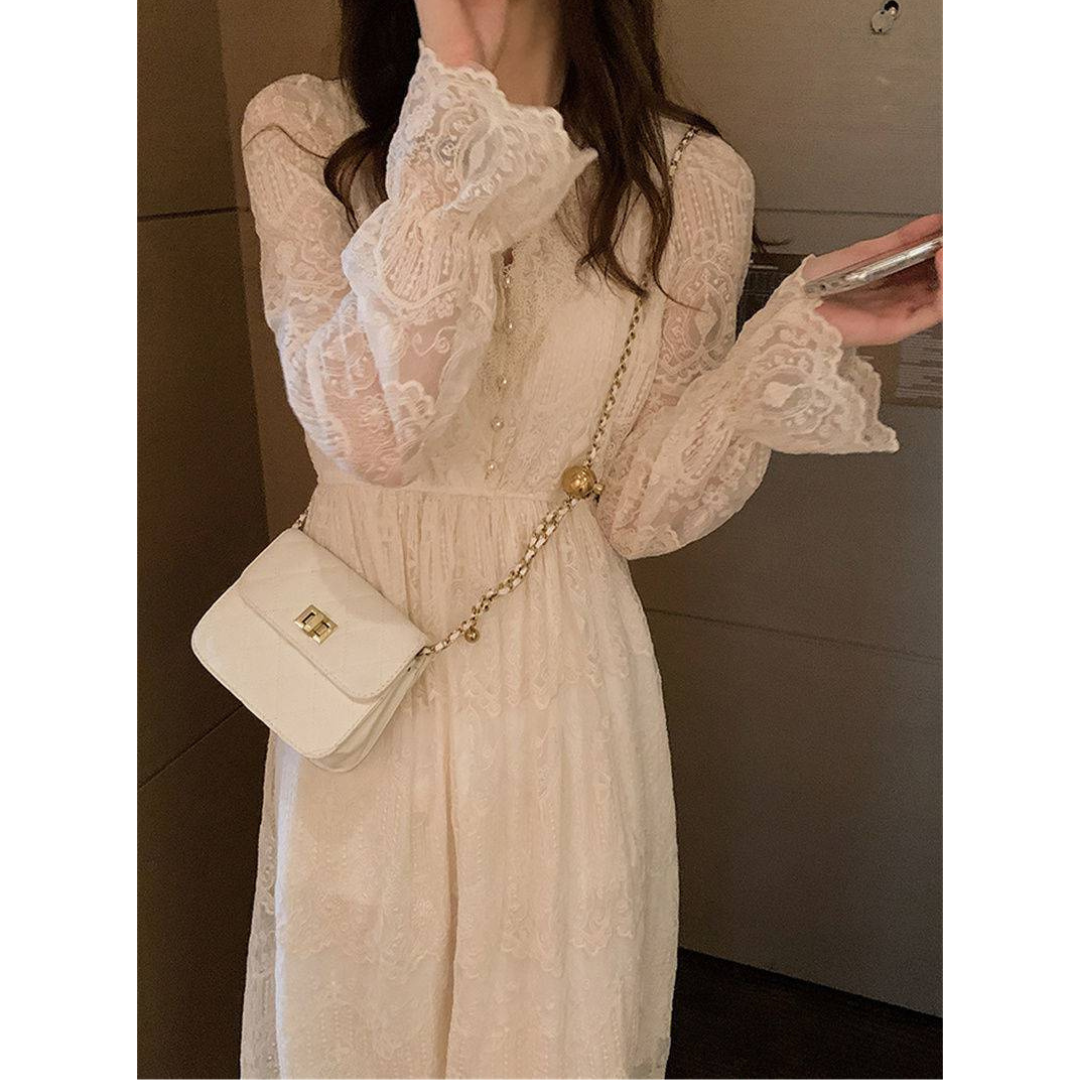 pearl button lace long onepiece lf1757
