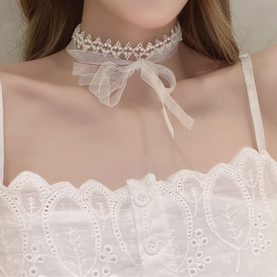tulle ribbon pearl necklace lf2026