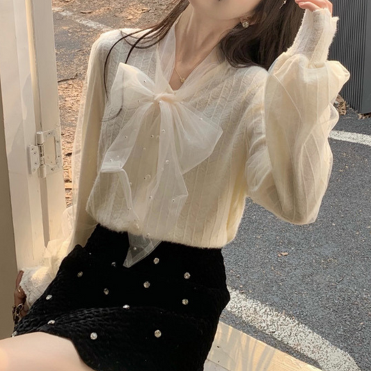 pearl ribbon tie tulle blouse lf2336-1【即納】