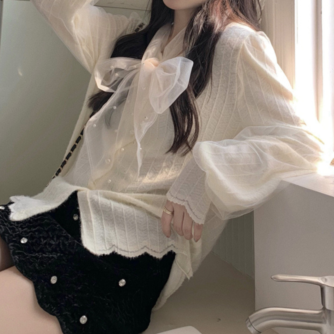 pearl ribbon tie tulle blouse lf2336-1【即納】 – La Florence